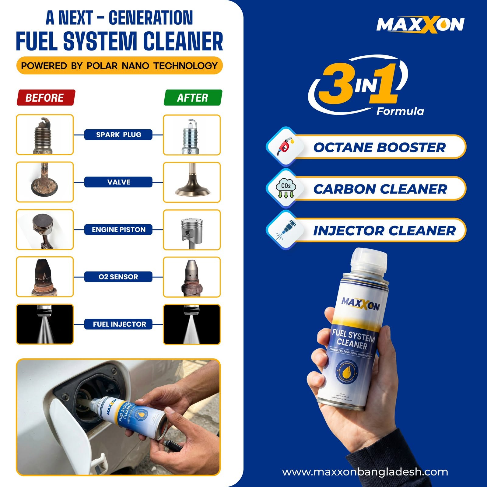 Benefits of Maxxon Fuel System Cleaner – better mileage, cleaner engine, USA technology